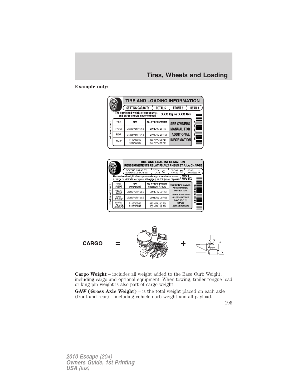 Tires, wheels and loading | FORD 2010 Escape v.1 User Manual | Page 195 / 345