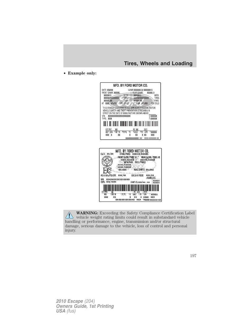 Tires, wheels and loading | FORD 2010 Escape v.1 User Manual | Page 197 / 345