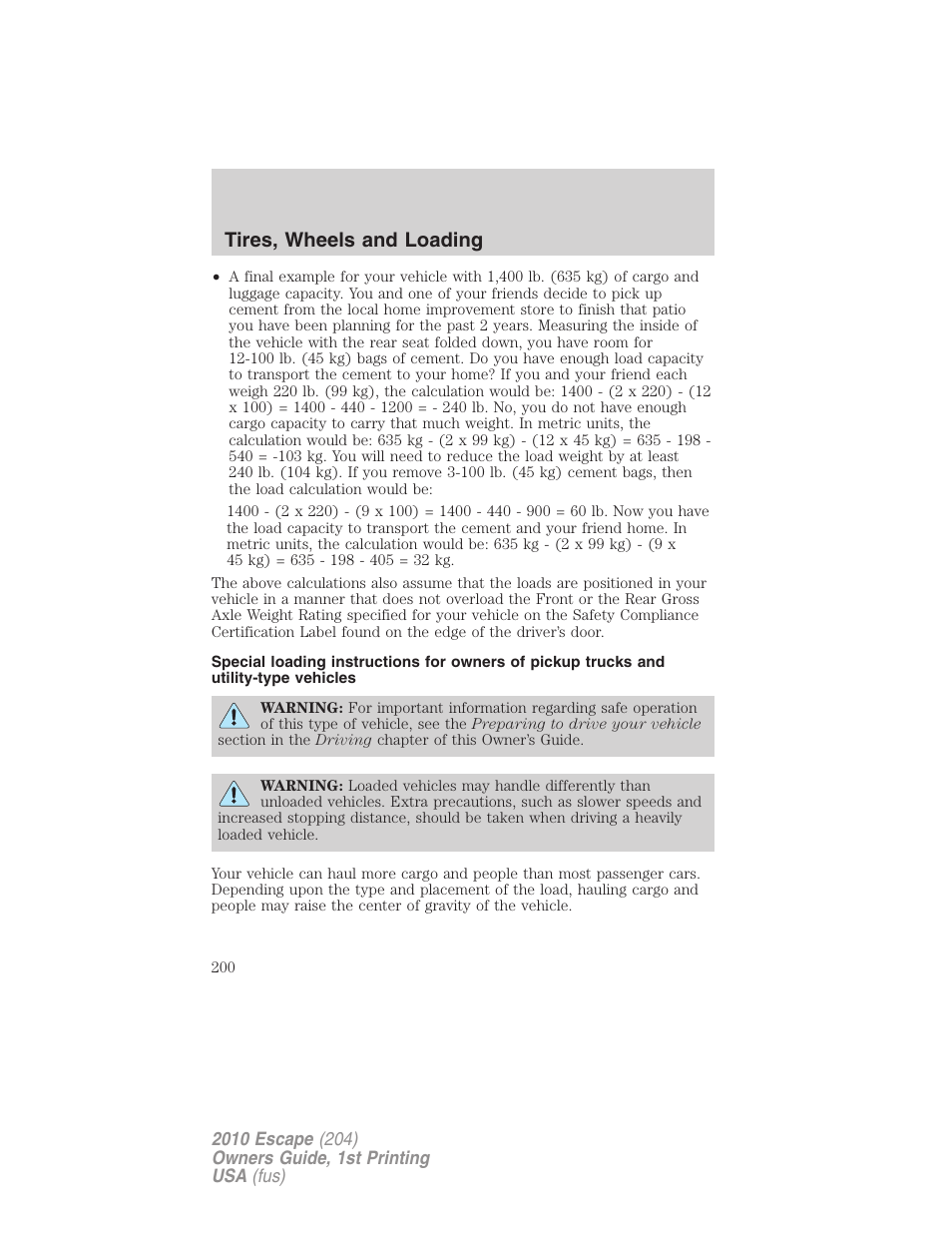 Tires, wheels and loading | FORD 2010 Escape v.1 User Manual | Page 200 / 345