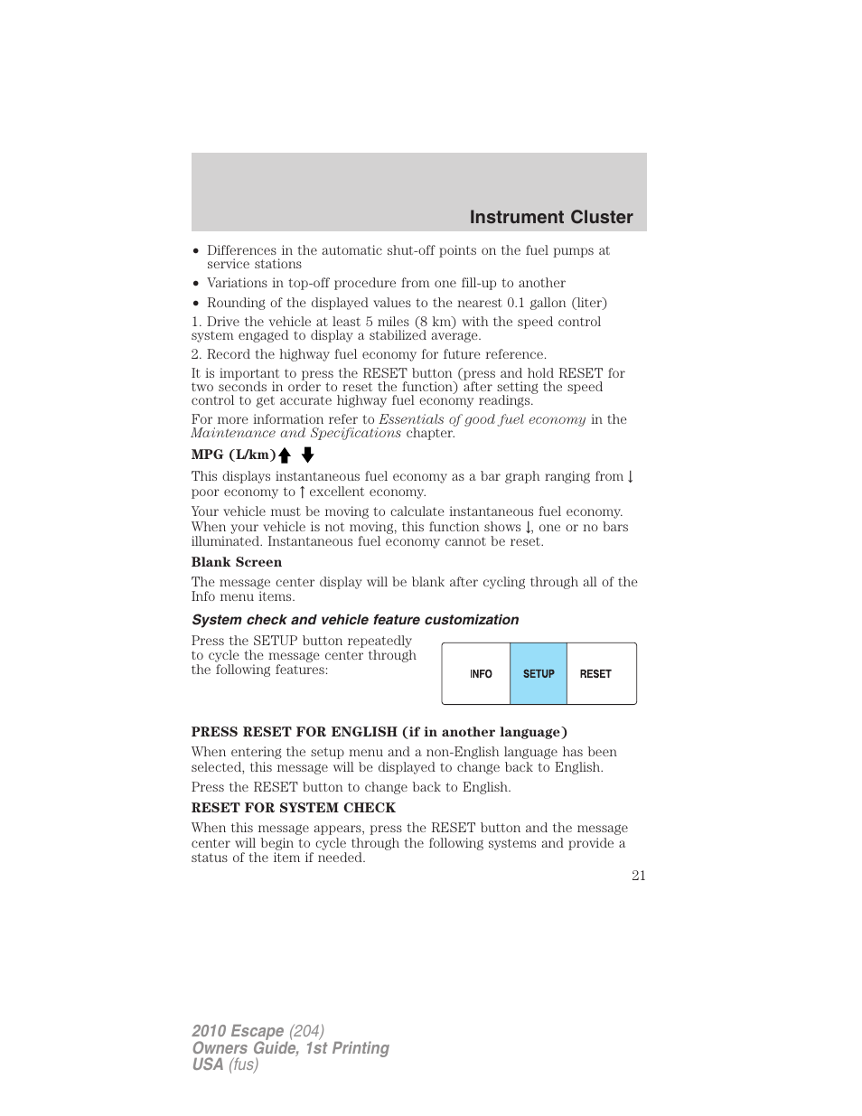 System check and vehicle feature customization, Instrument cluster | FORD 2010 Escape v.1 User Manual | Page 21 / 345