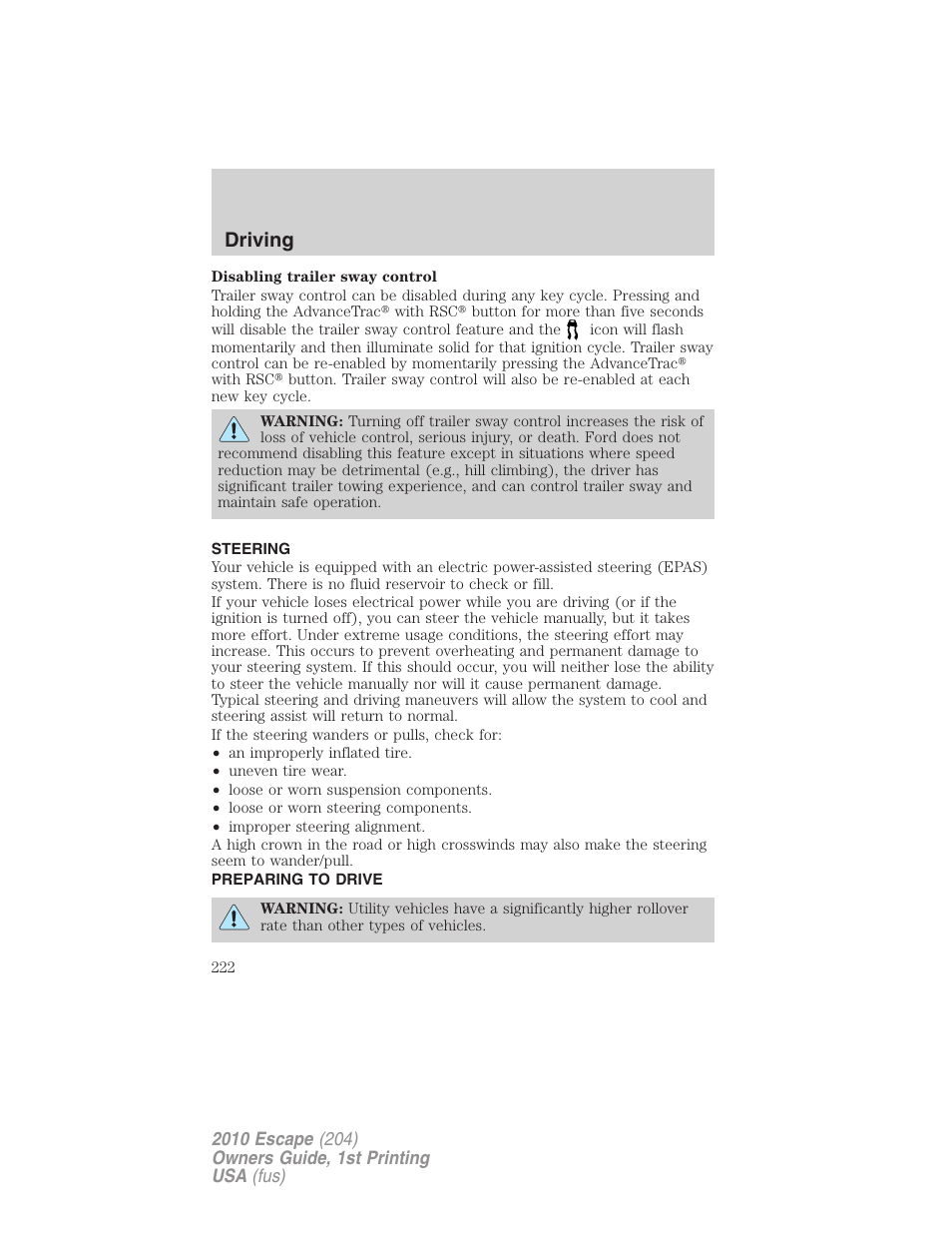 Steering, Preparing to drive, Driving | FORD 2010 Escape v.1 User Manual | Page 222 / 345