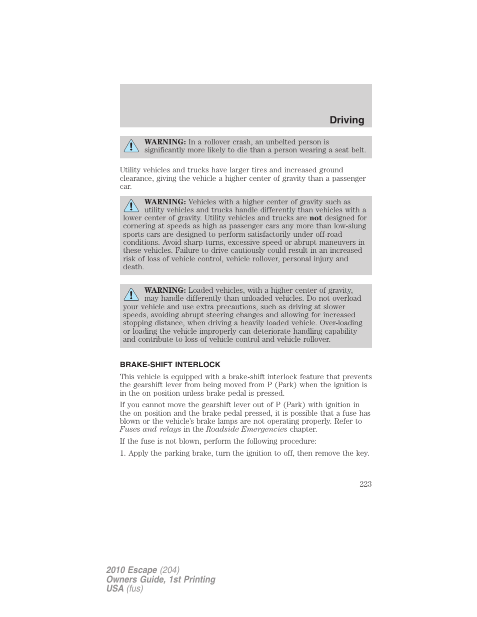 Brake-shift interlock, Driving | FORD 2010 Escape v.1 User Manual | Page 223 / 345