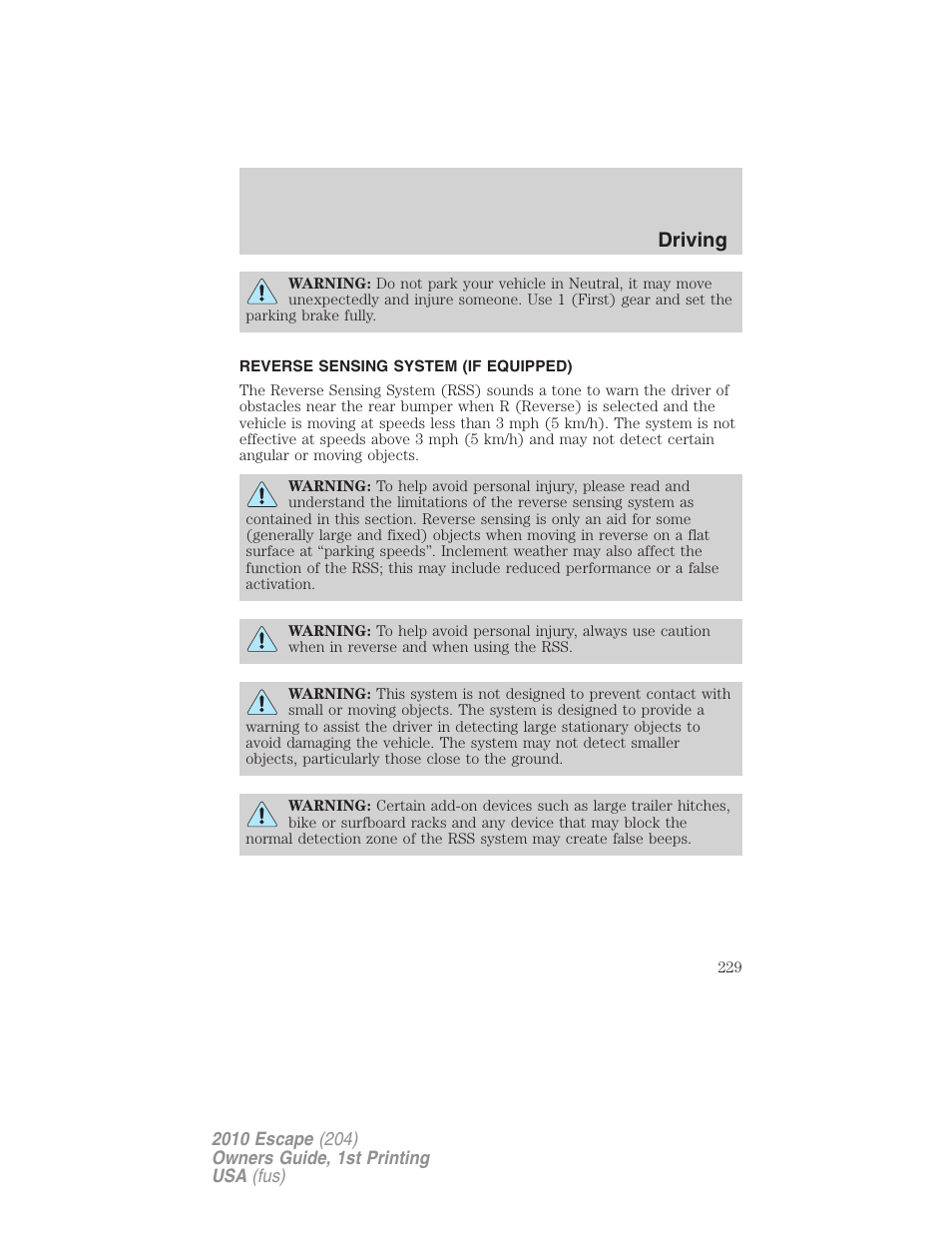 Reverse sensing system (if equipped), Reverse sensing system, Driving | FORD 2010 Escape v.1 User Manual | Page 229 / 345