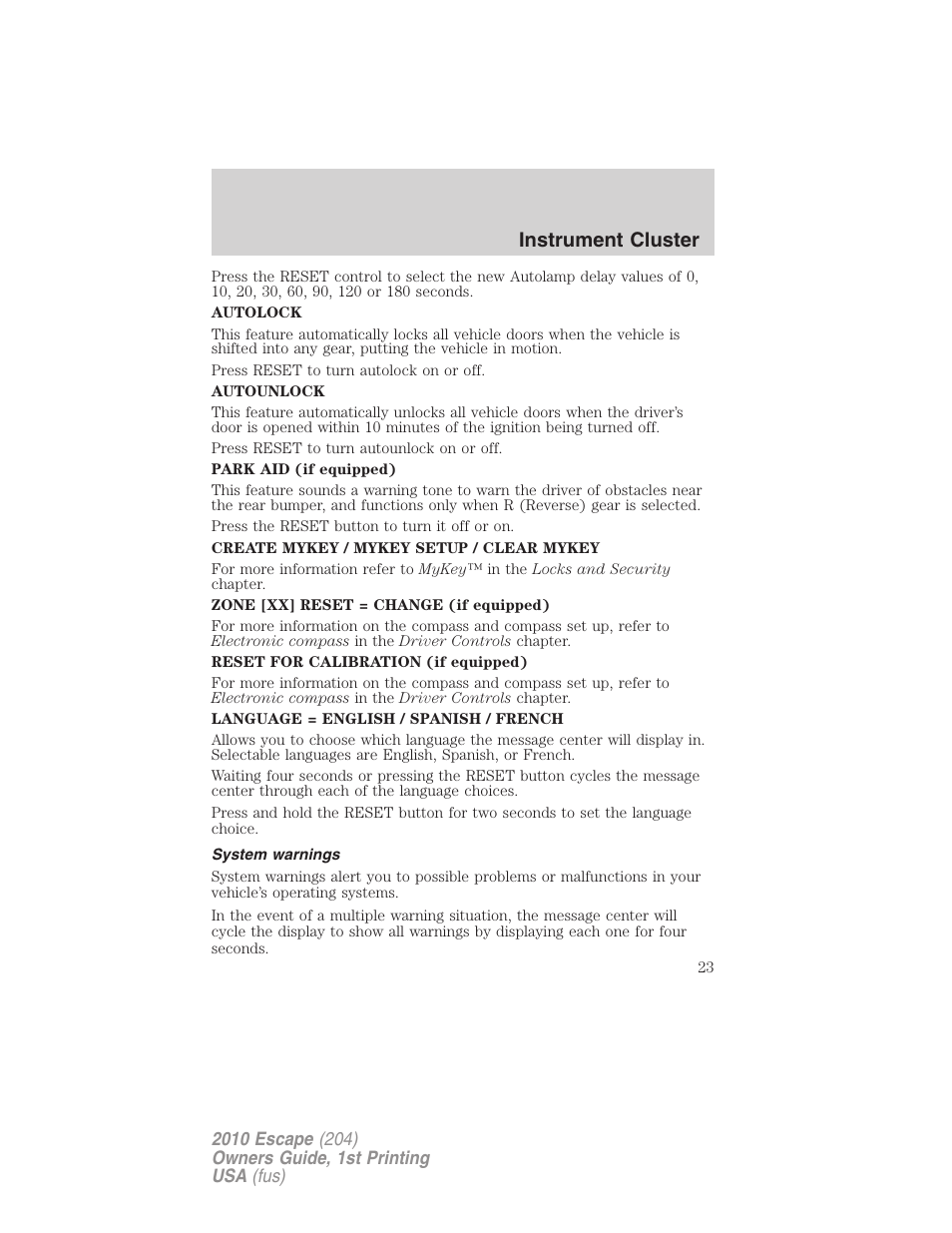 System warnings, Instrument cluster | FORD 2010 Escape v.1 User Manual | Page 23 / 345