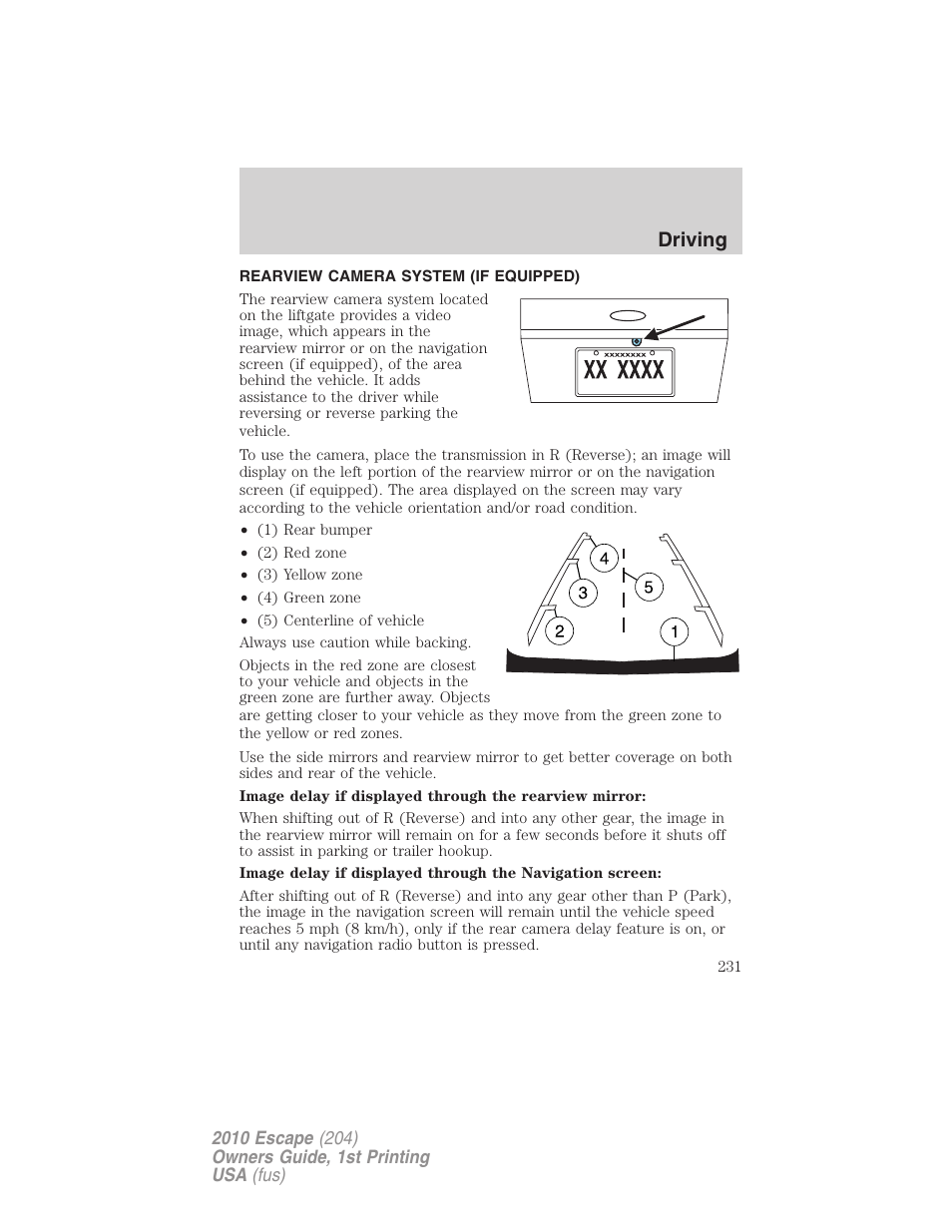 Rearview camera system (if equipped), Rear-view camera system, Driving | FORD 2010 Escape v.1 User Manual | Page 231 / 345