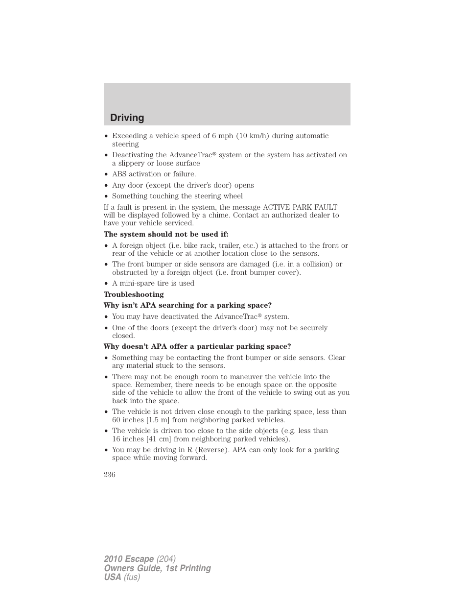 Driving | FORD 2010 Escape v.1 User Manual | Page 236 / 345