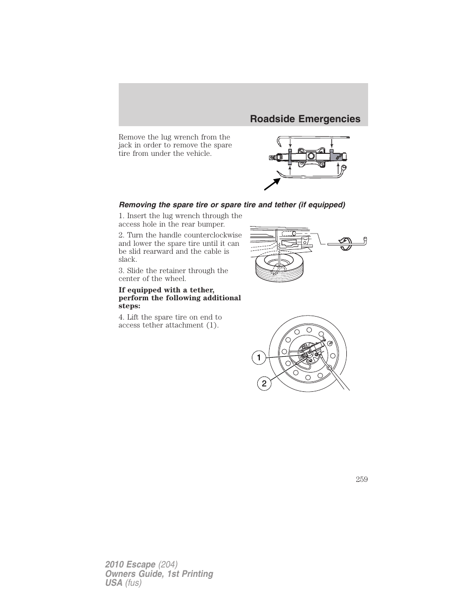 Roadside emergencies | FORD 2010 Escape v.1 User Manual | Page 259 / 345