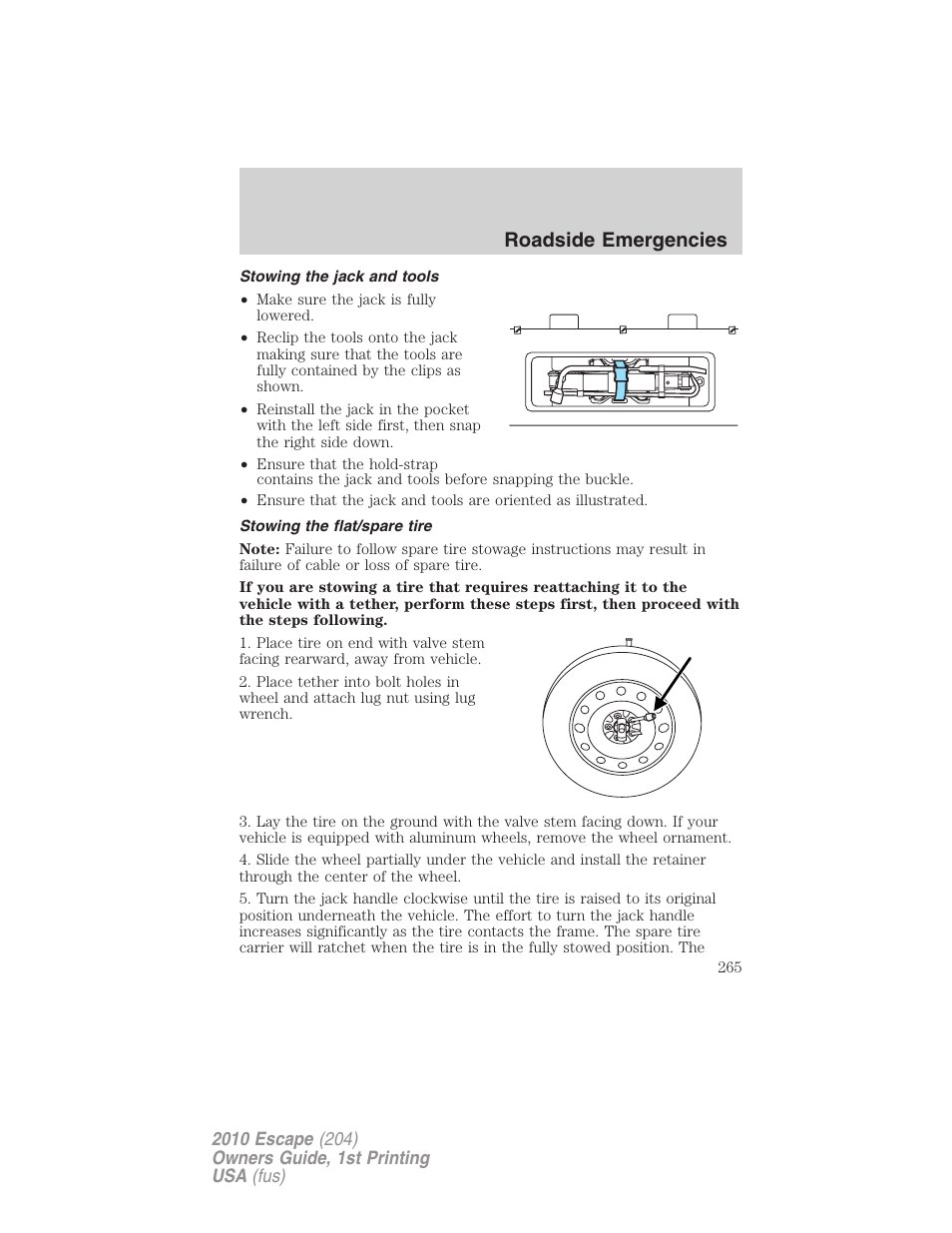 Stowing the jack and tools, Stowing the flat/spare tire, Roadside emergencies | FORD 2010 Escape v.1 User Manual | Page 265 / 345