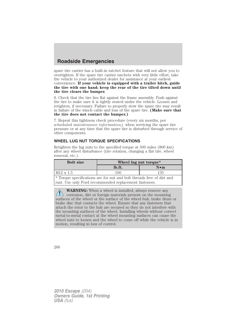 Wheel lug nut torque specifications, Wheel lug nut torque, Roadside emergencies | FORD 2010 Escape v.1 User Manual | Page 266 / 345