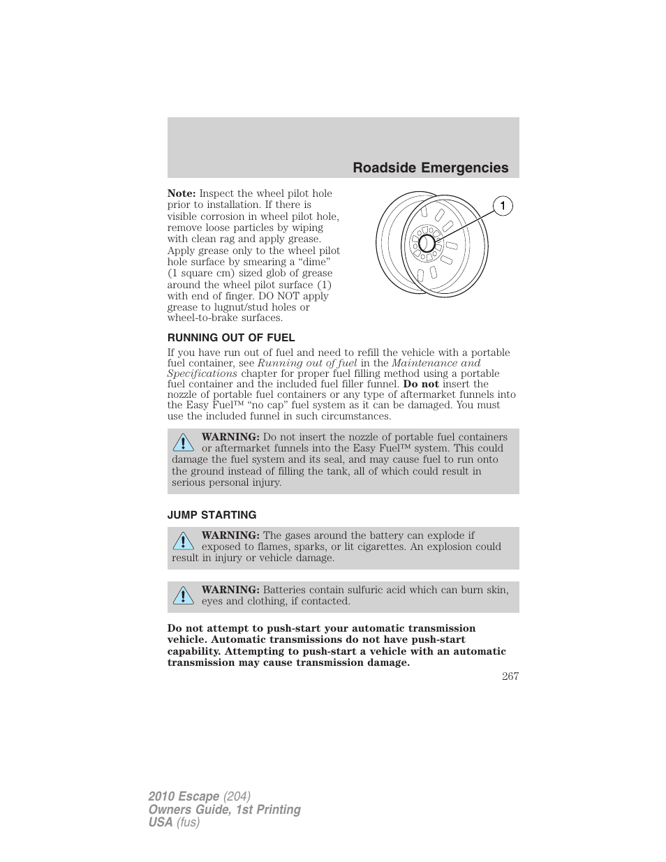 Running out of fuel, Jump starting, Roadside emergencies | FORD 2010 Escape v.1 User Manual | Page 267 / 345