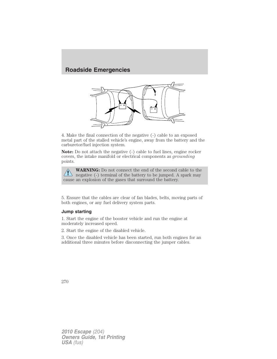 Jump starting, Roadside emergencies | FORD 2010 Escape v.1 User Manual | Page 270 / 345