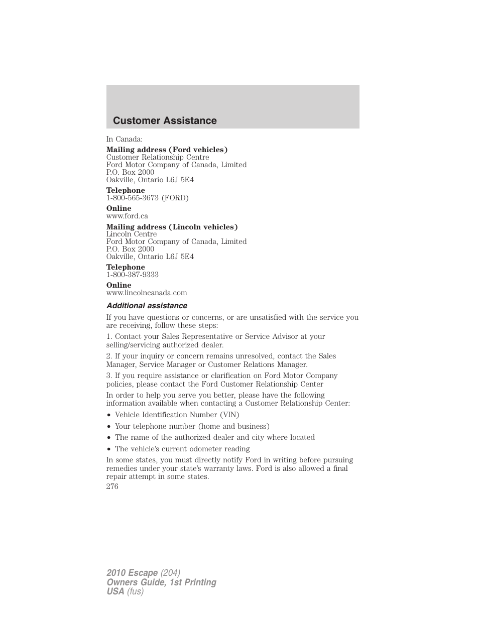 Additional assistance, Customer assistance | FORD 2010 Escape v.1 User Manual | Page 276 / 345