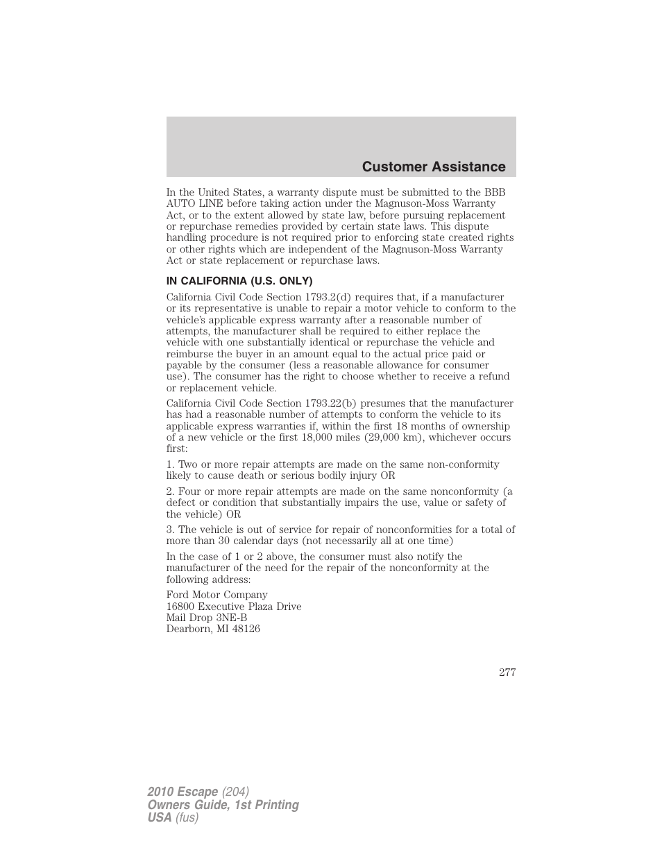 In california (u.s. only), Customer assistance | FORD 2010 Escape v.1 User Manual | Page 277 / 345