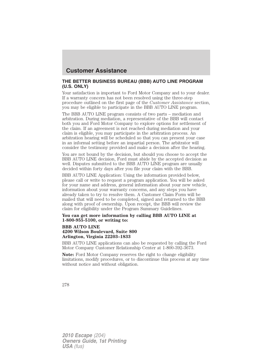 Customer assistance | FORD 2010 Escape v.1 User Manual | Page 278 / 345
