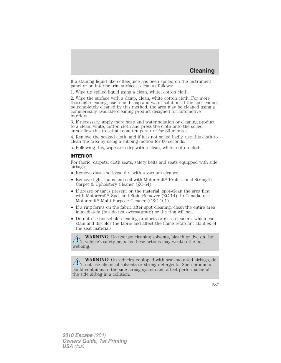 Interior, Cleaning | FORD 2010 Escape v.1 User Manual | Page 287 / 345