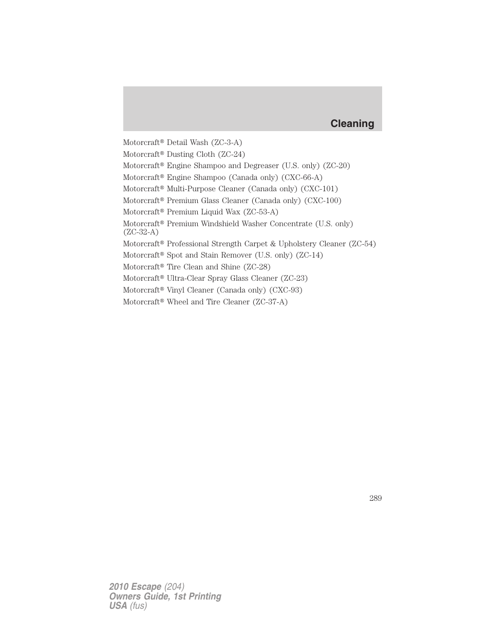 Cleaning | FORD 2010 Escape v.1 User Manual | Page 289 / 345