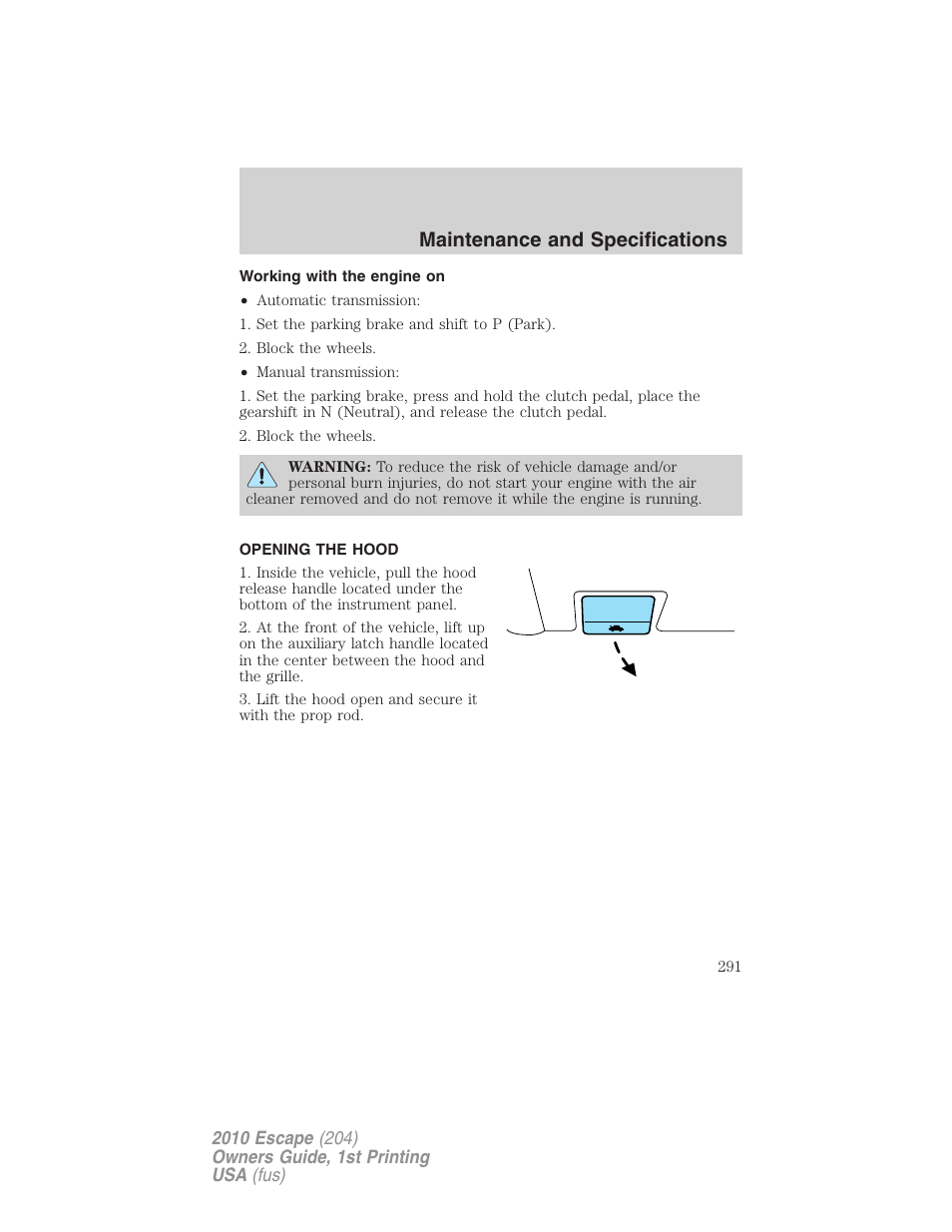 Working with the engine on, Opening the hood, Maintenance and specifications | FORD 2010 Escape v.1 User Manual | Page 291 / 345