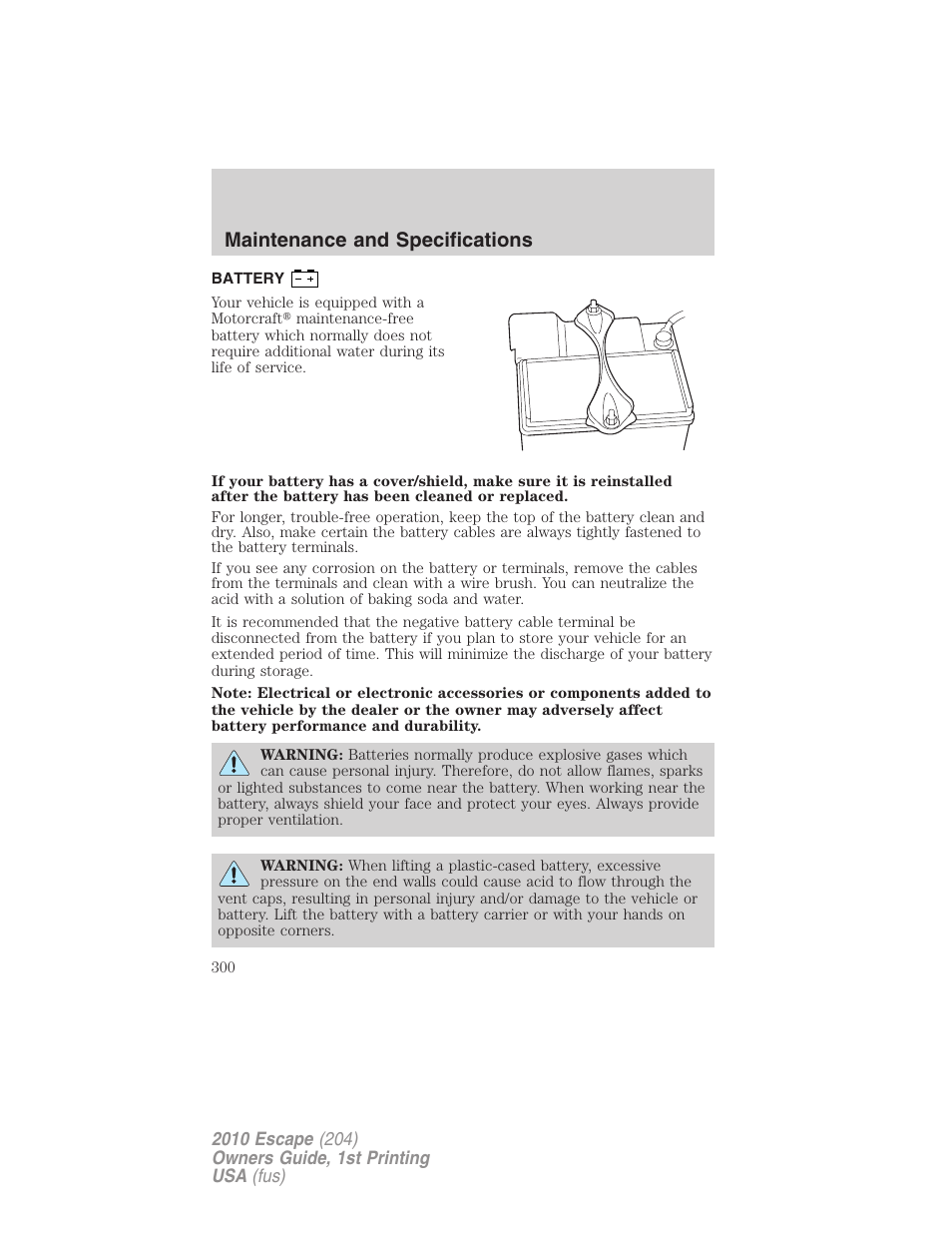 Battery, Maintenance and specifications | FORD 2010 Escape v.1 User Manual | Page 300 / 345