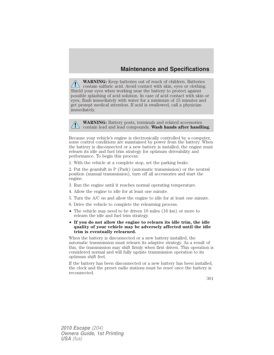 Maintenance and specifications | FORD 2010 Escape v.1 User Manual | Page 301 / 345