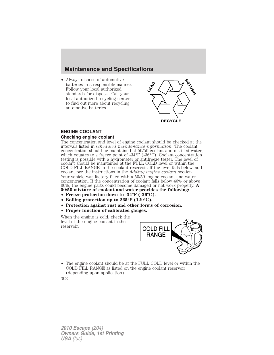 Engine coolant, Checking engine coolant, Maintenance and specifications | FORD 2010 Escape v.1 User Manual | Page 302 / 345