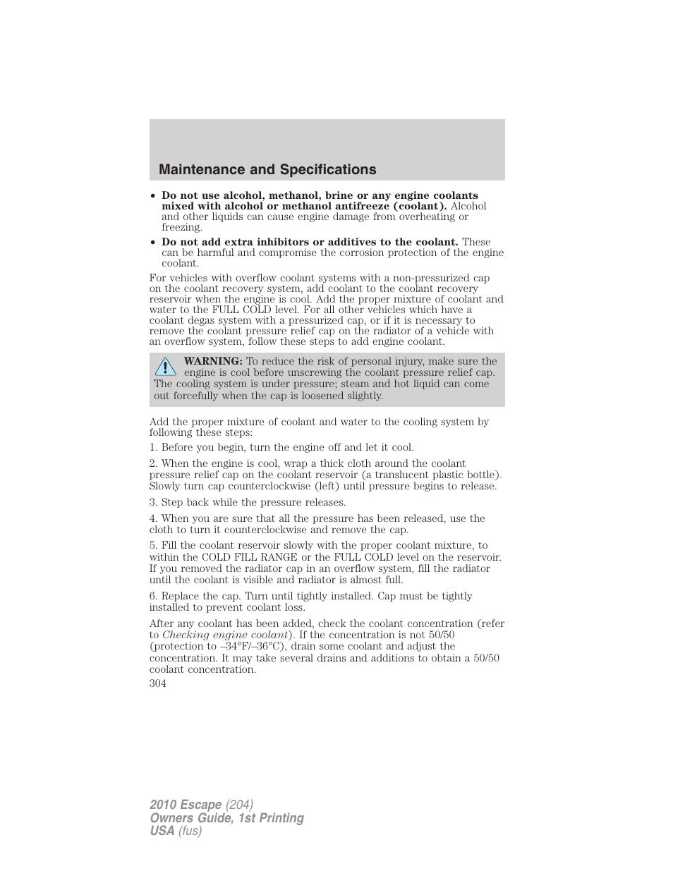 Maintenance and specifications | FORD 2010 Escape v.1 User Manual | Page 304 / 345