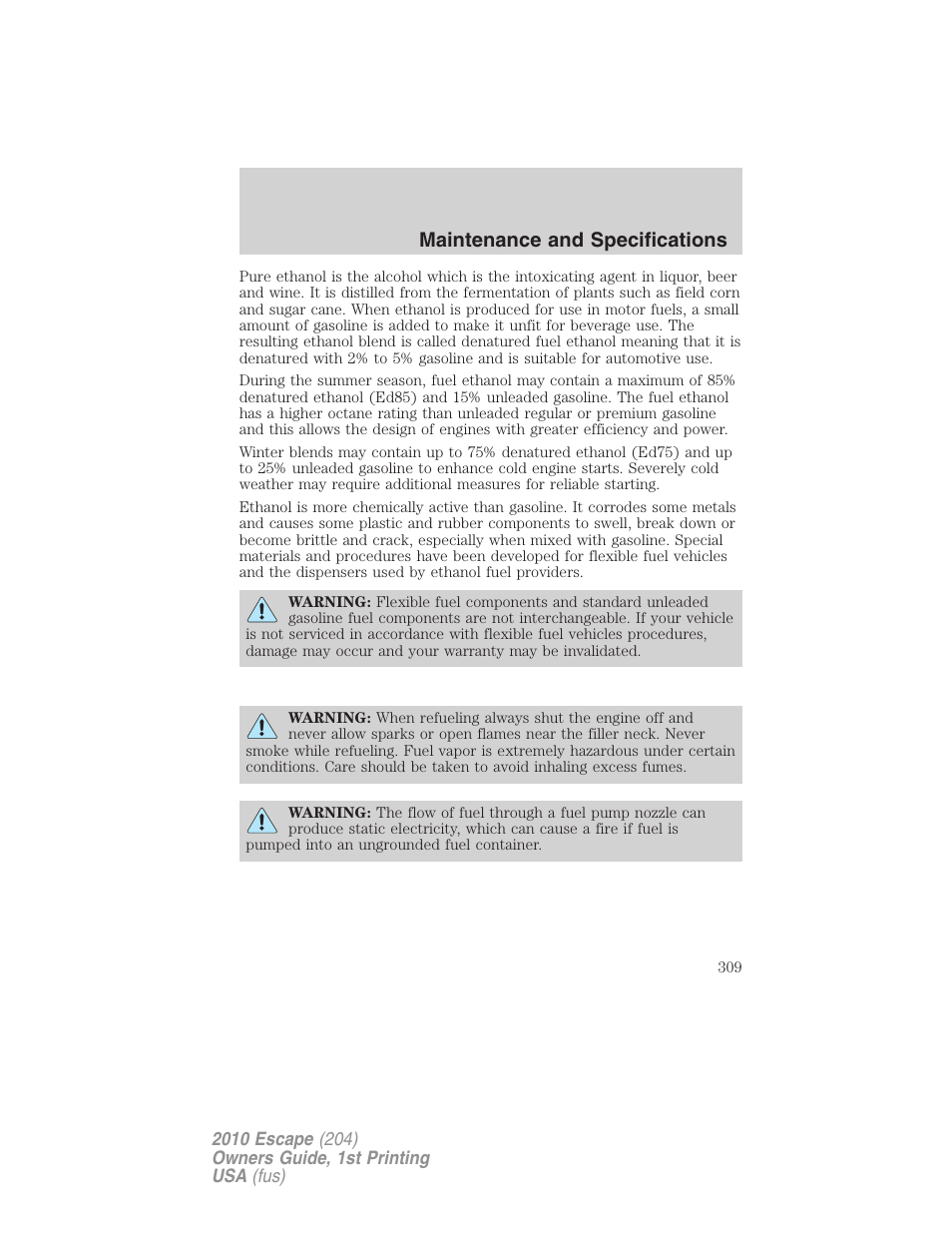 Maintenance and specifications | FORD 2010 Escape v.1 User Manual | Page 309 / 345