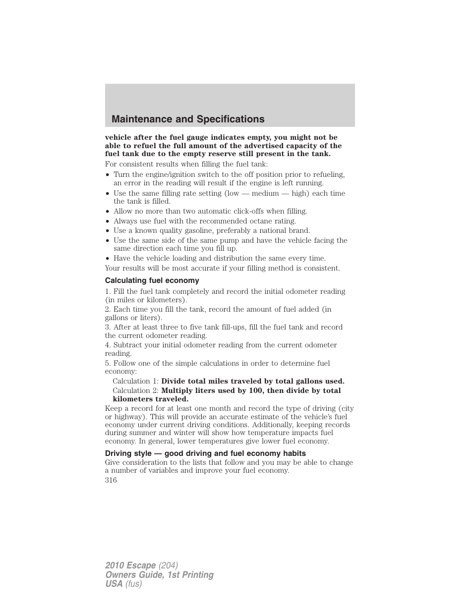 Calculating fuel economy, Maintenance and specifications | FORD 2010 Escape v.1 User Manual | Page 316 / 345