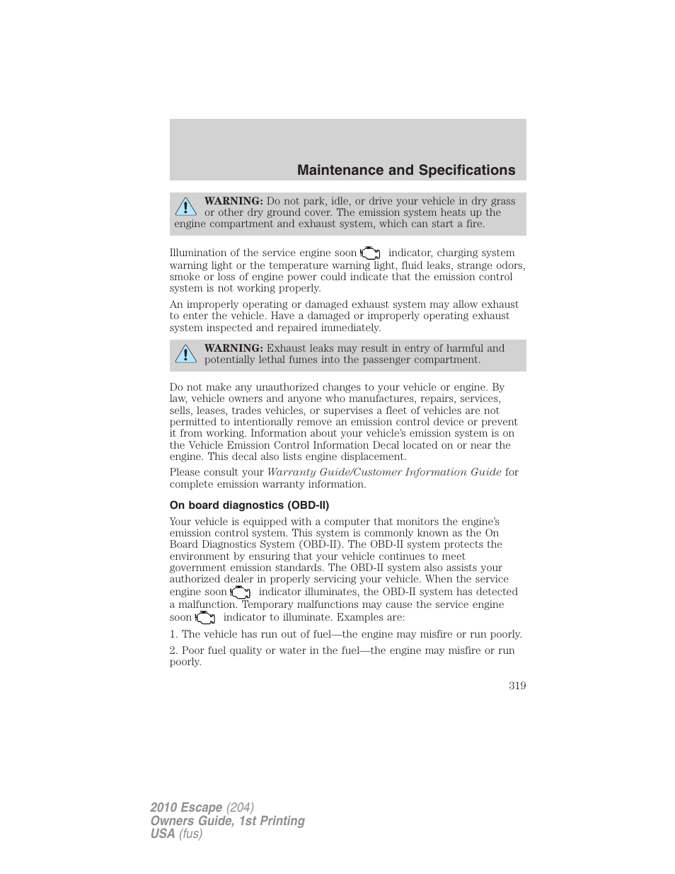 On board diagnostics (obd-ii), Maintenance and specifications | FORD 2010 Escape v.1 User Manual | Page 319 / 345