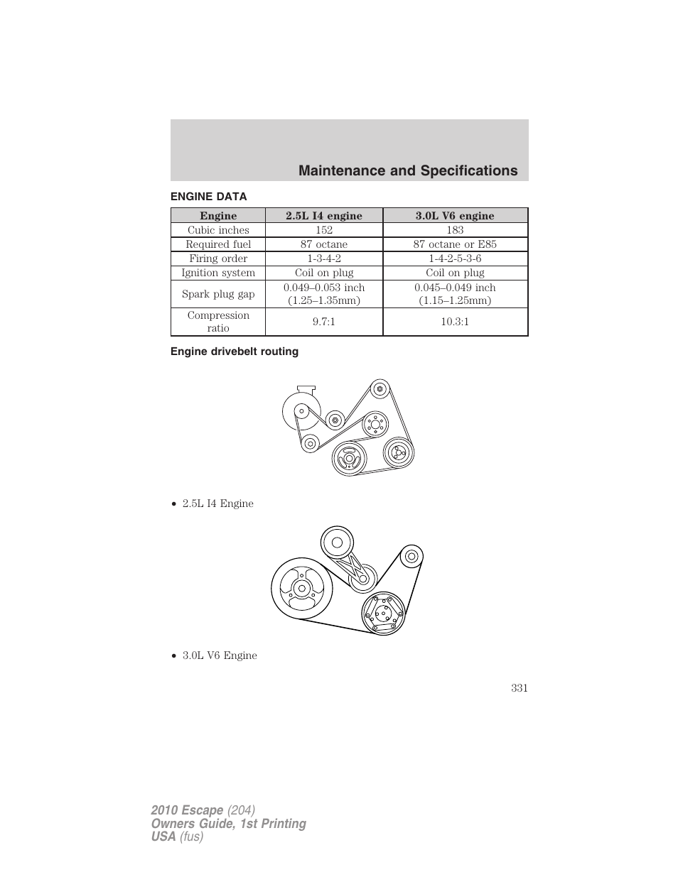 Engine data, Engine drivebelt routing, Maintenance and specifications | FORD 2010 Escape v.1 User Manual | Page 331 / 345