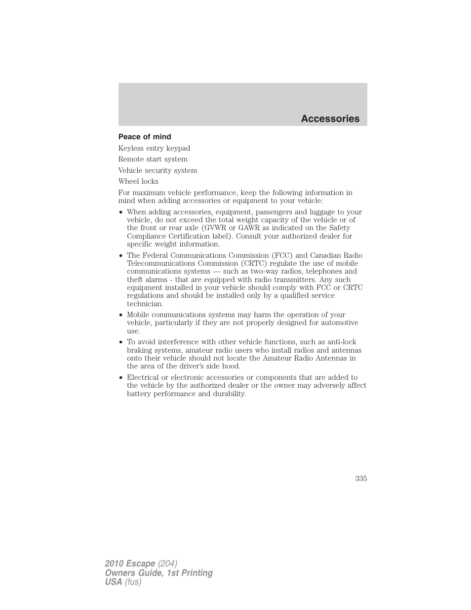Peace of mind, Accessories | FORD 2010 Escape v.1 User Manual | Page 335 / 345