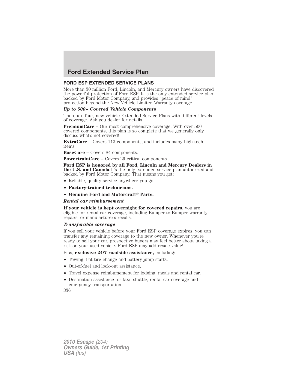 Ford extended service plan, Ford esp extended service plans | FORD 2010 Escape v.1 User Manual | Page 336 / 345