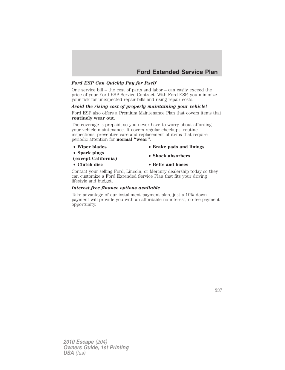 Ford extended service plan | FORD 2010 Escape v.1 User Manual | Page 337 / 345