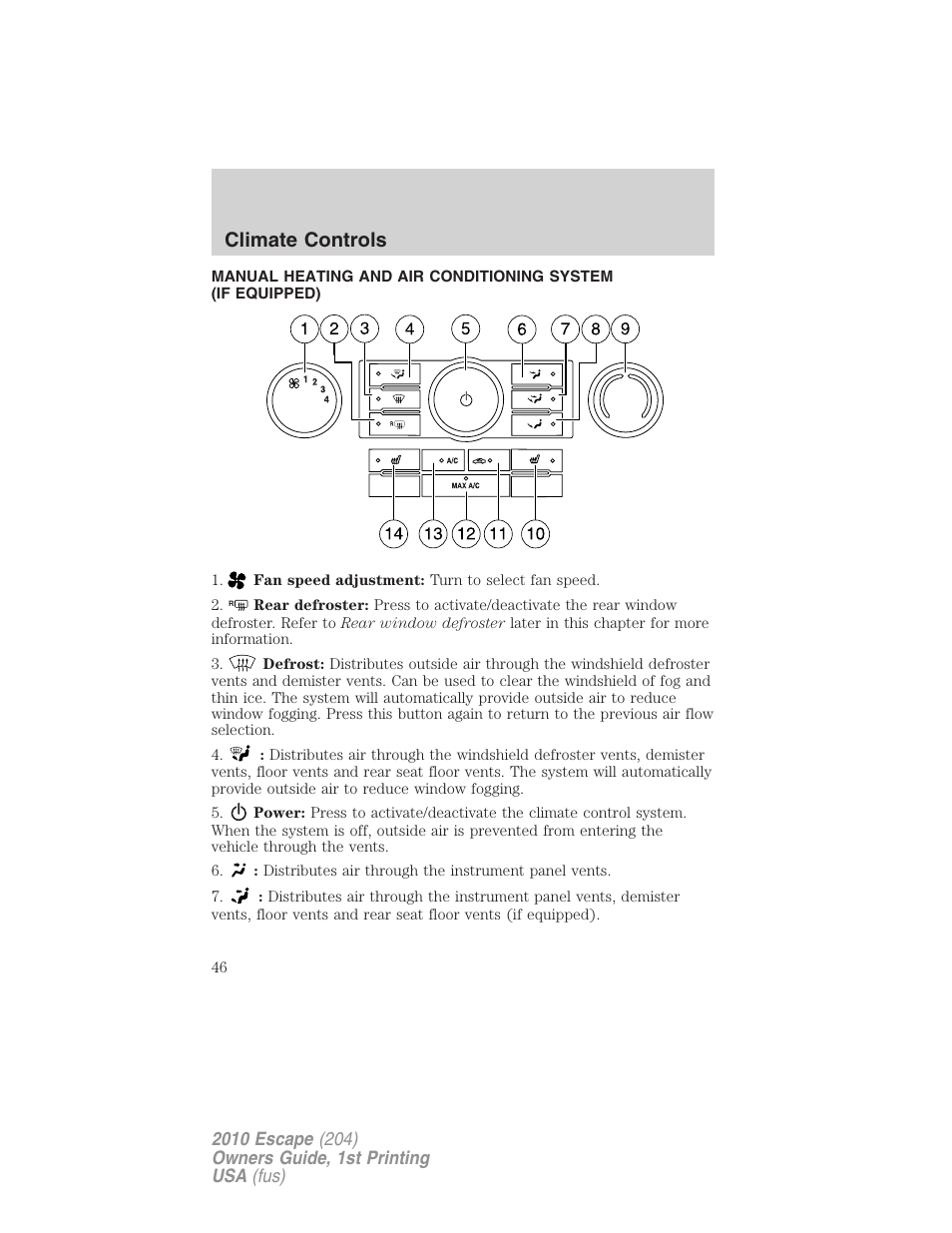 Climate controls, Manual heating and air conditioning | FORD 2010 Escape v.1 User Manual | Page 46 / 345
