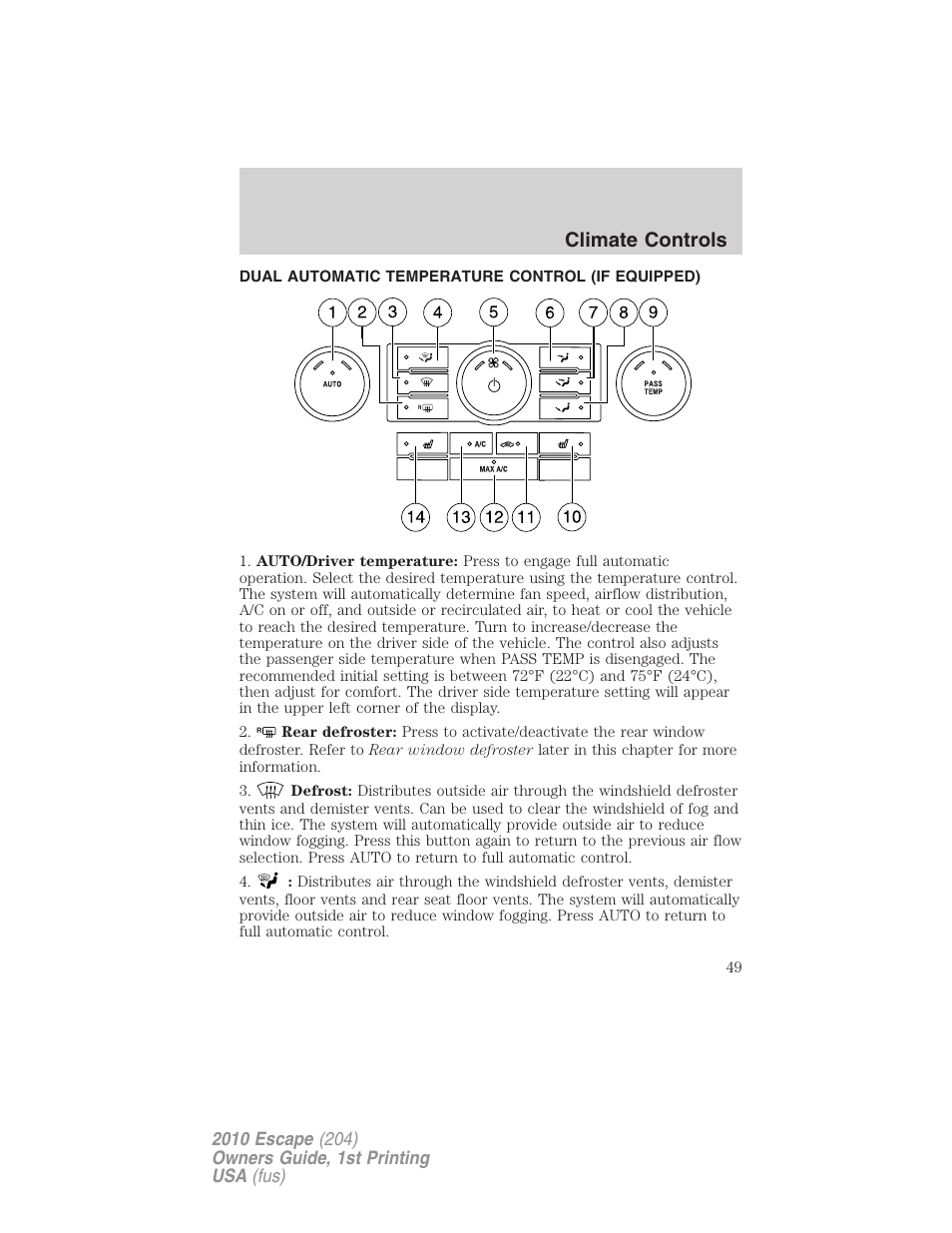 Dual automatic temperature control (if equipped), Dual automatic temperature control, Climate controls | FORD 2010 Escape v.1 User Manual | Page 49 / 345