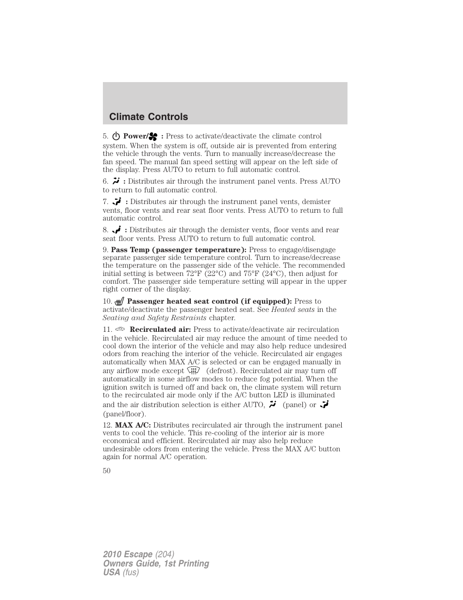 Climate controls | FORD 2010 Escape v.1 User Manual | Page 50 / 345