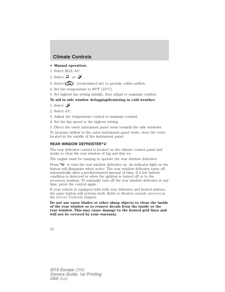 Rear window defroster, Climate controls | FORD 2010 Escape v.1 User Manual | Page 52 / 345
