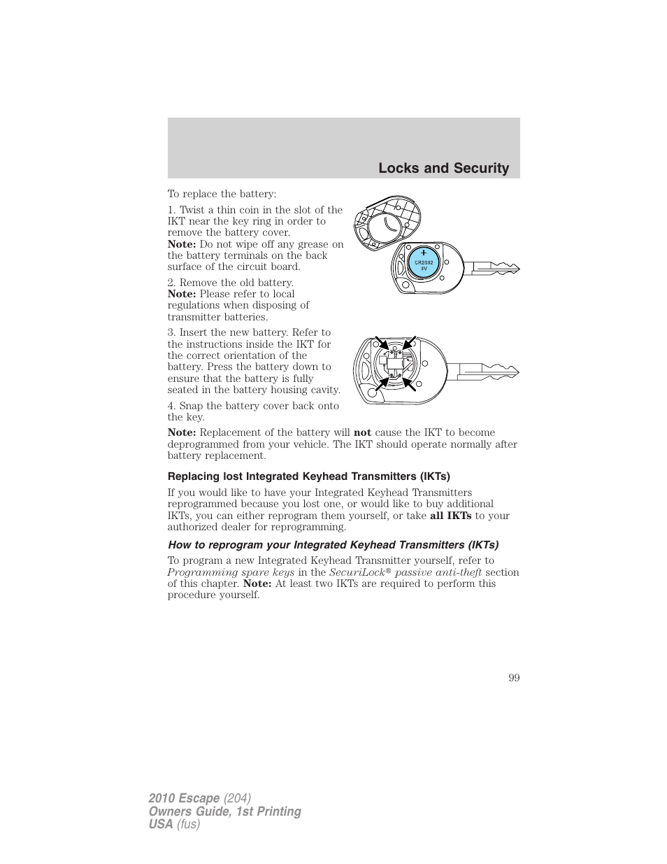 Locks and security | FORD 2010 Escape v.1 User Manual | Page 99 / 345