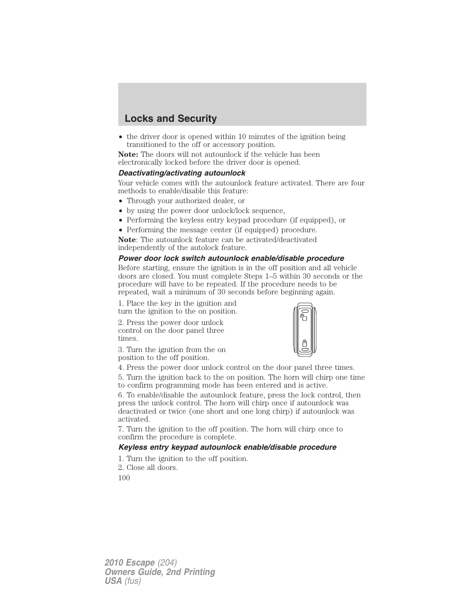 Deactivating/activating autounlock, Locks and security | FORD 2010 Escape v.2 User Manual | Page 100 / 344