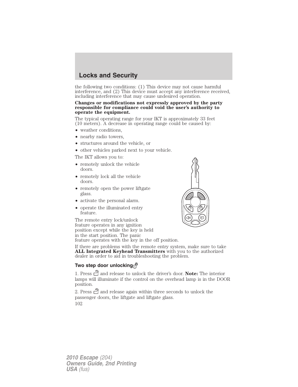 Two step door unlocking, Locks and security | FORD 2010 Escape v.2 User Manual | Page 102 / 344