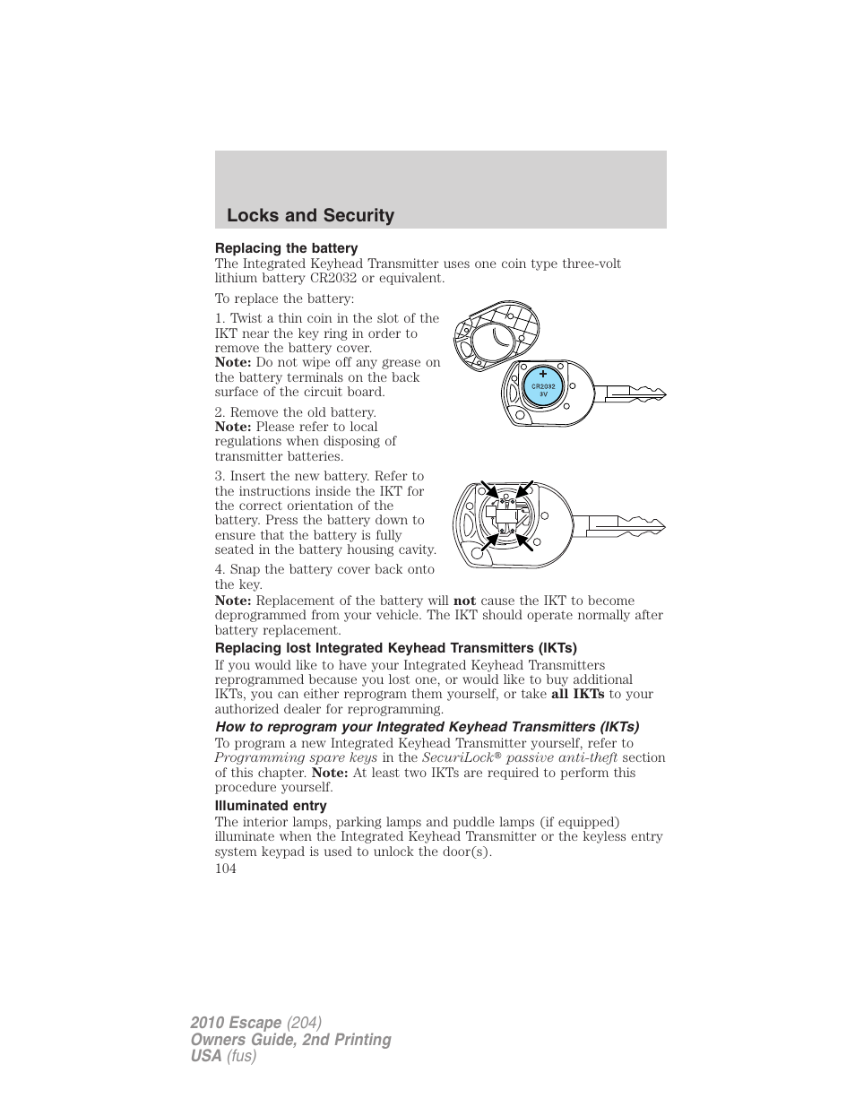 Replacing the battery, Illuminated entry, Locks and security | FORD 2010 Escape v.2 User Manual | Page 104 / 344