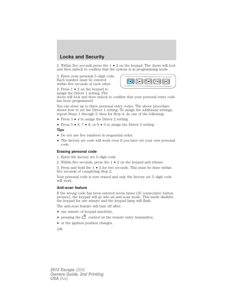 Erasing personal code, Anti-scan feature, Locks and security | FORD 2010 Escape v.2 User Manual | Page 106 / 344