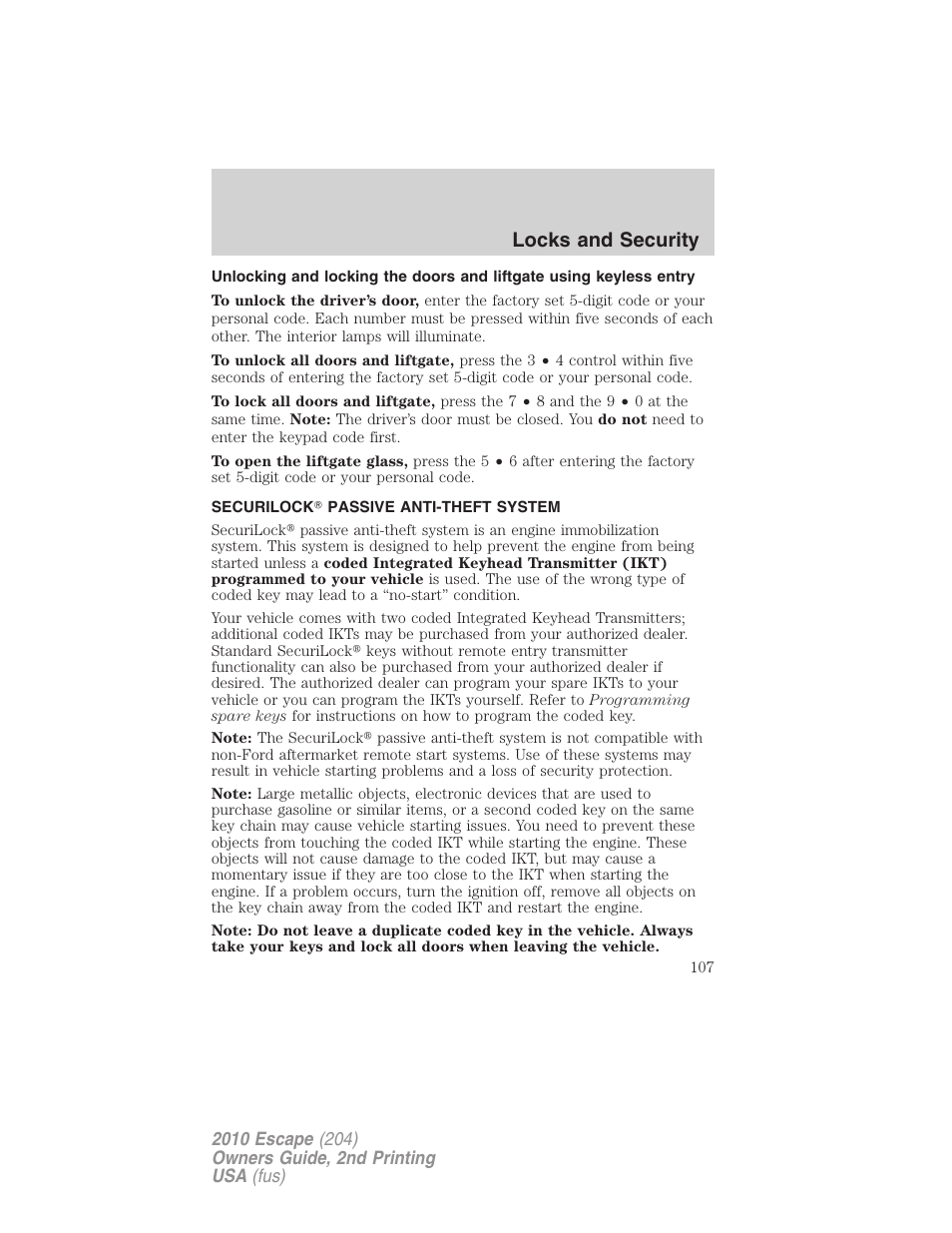 Securilock passive anti-theft system, Anti-theft system, Locks and security | FORD 2010 Escape v.2 User Manual | Page 107 / 344