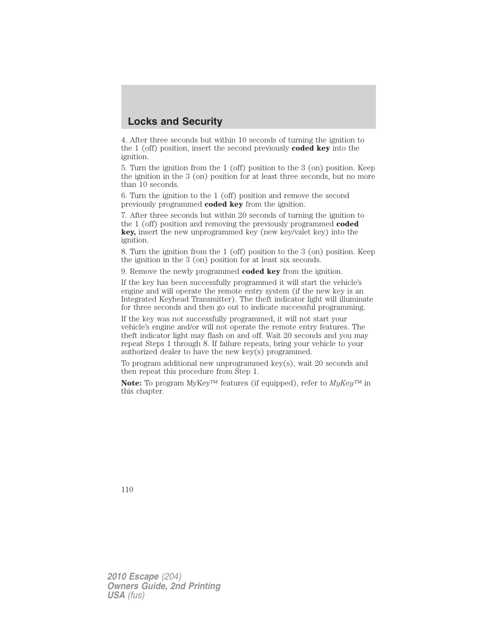 Locks and security | FORD 2010 Escape v.2 User Manual | Page 110 / 344