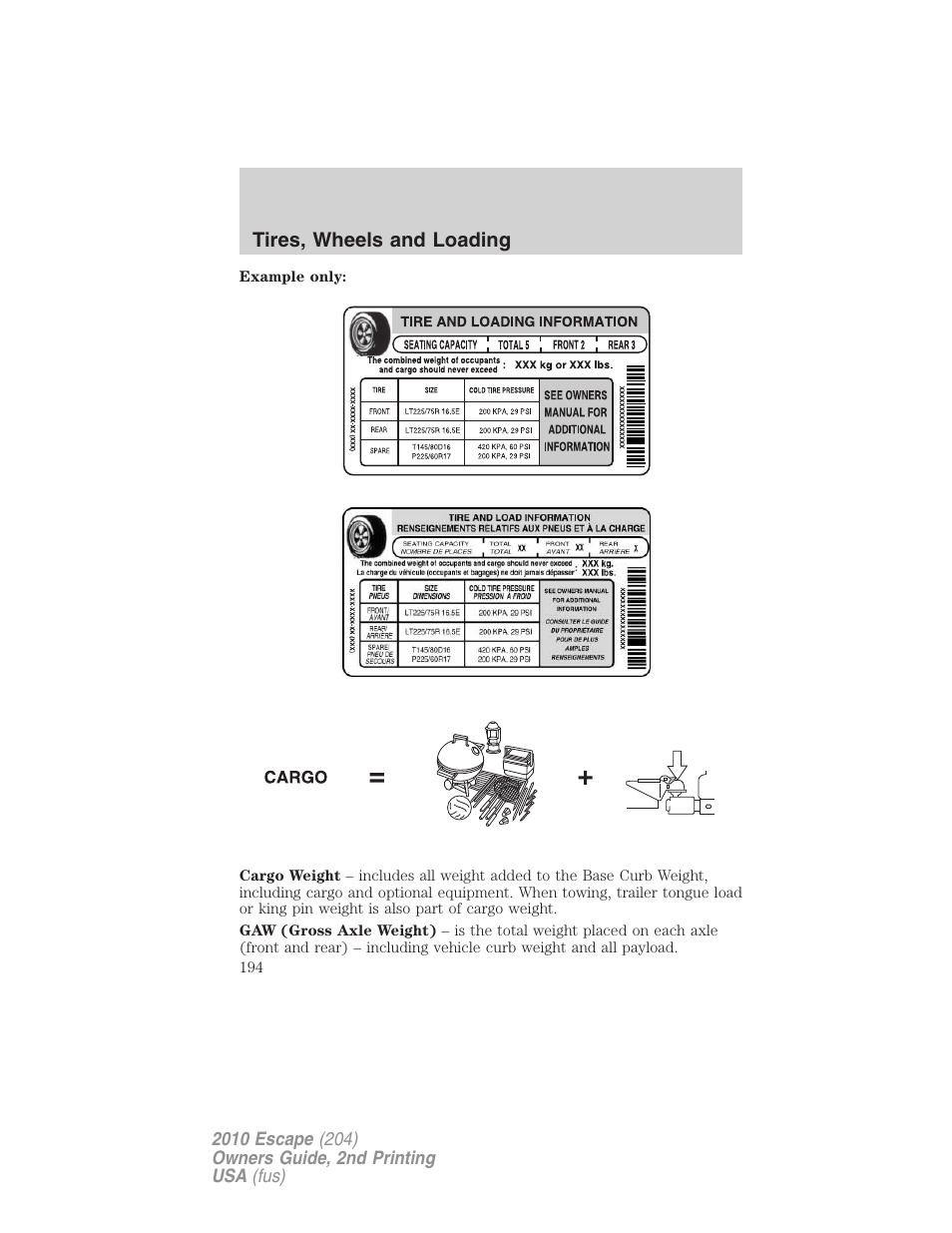 Tires, wheels and loading | FORD 2010 Escape v.2 User Manual | Page 194 / 344