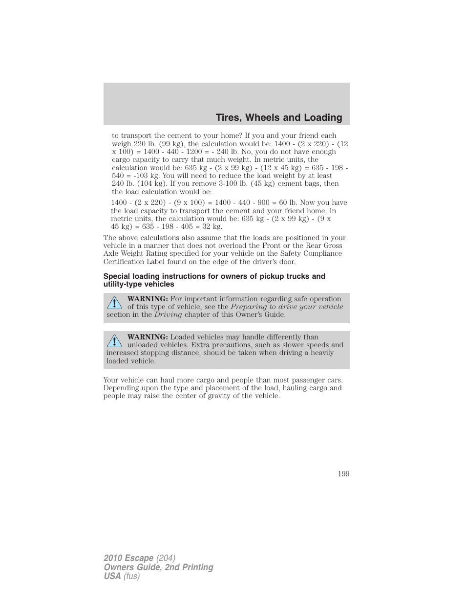 Tires, wheels and loading | FORD 2010 Escape v.2 User Manual | Page 199 / 344