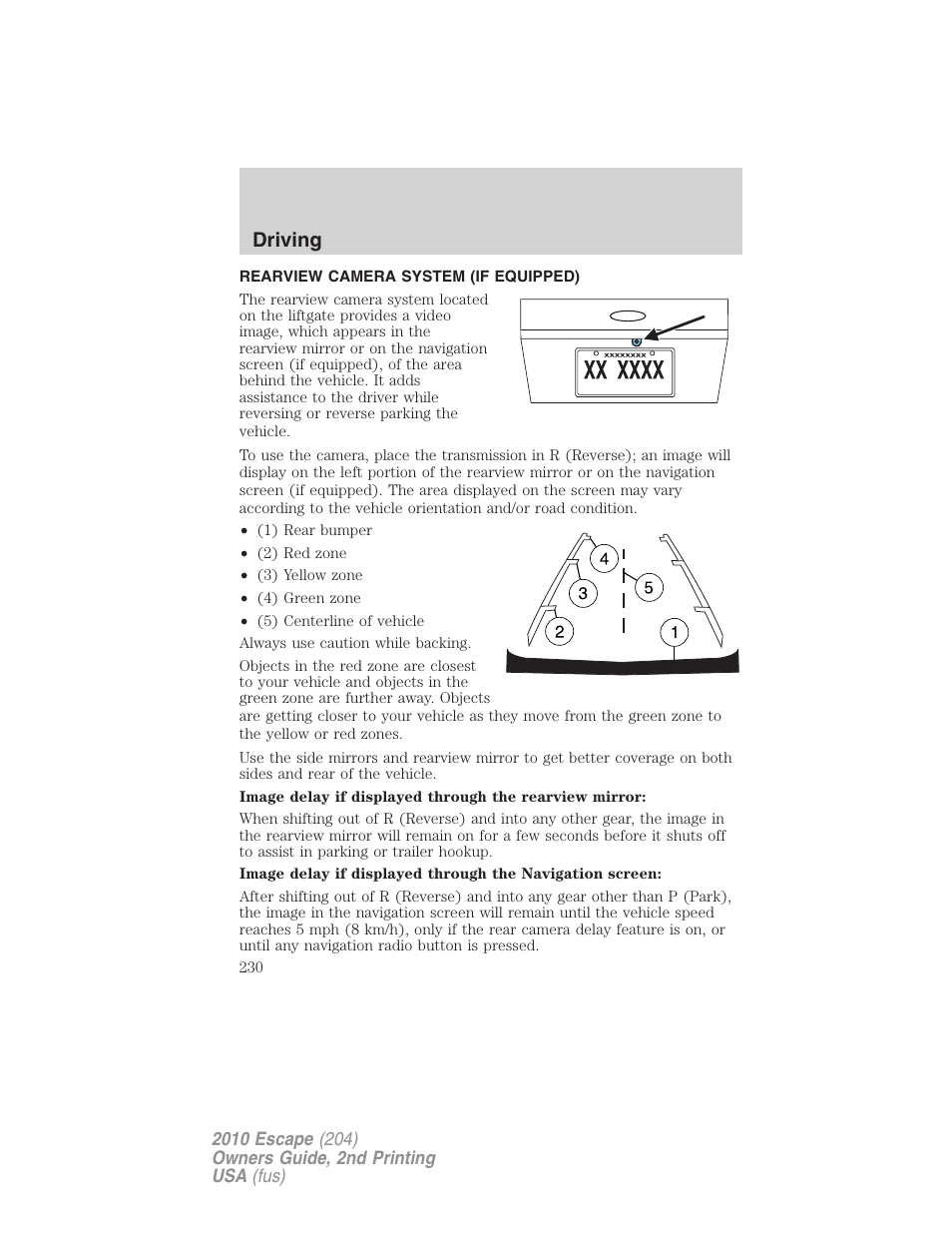 Rearview camera system (if equipped), Rear-view camera system, Driving | FORD 2010 Escape v.2 User Manual | Page 230 / 344