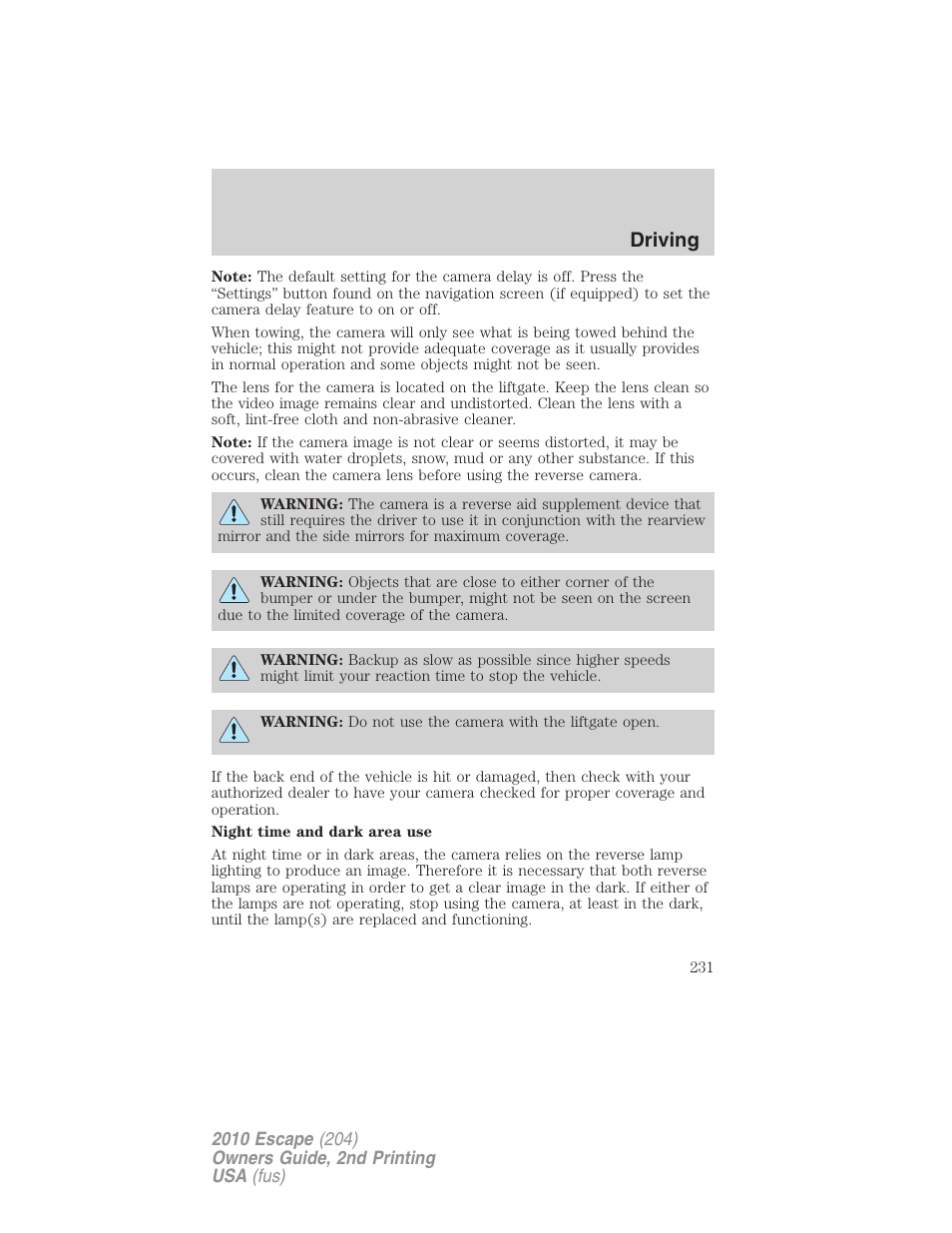 Driving | FORD 2010 Escape v.2 User Manual | Page 231 / 344