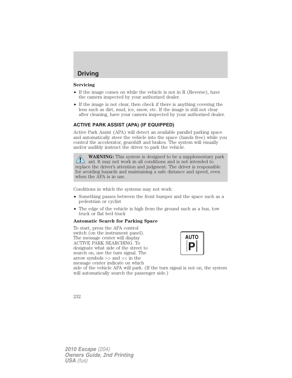 Active park assist (apa) (if equipped), Driving | FORD 2010 Escape v.2 User Manual | Page 232 / 344