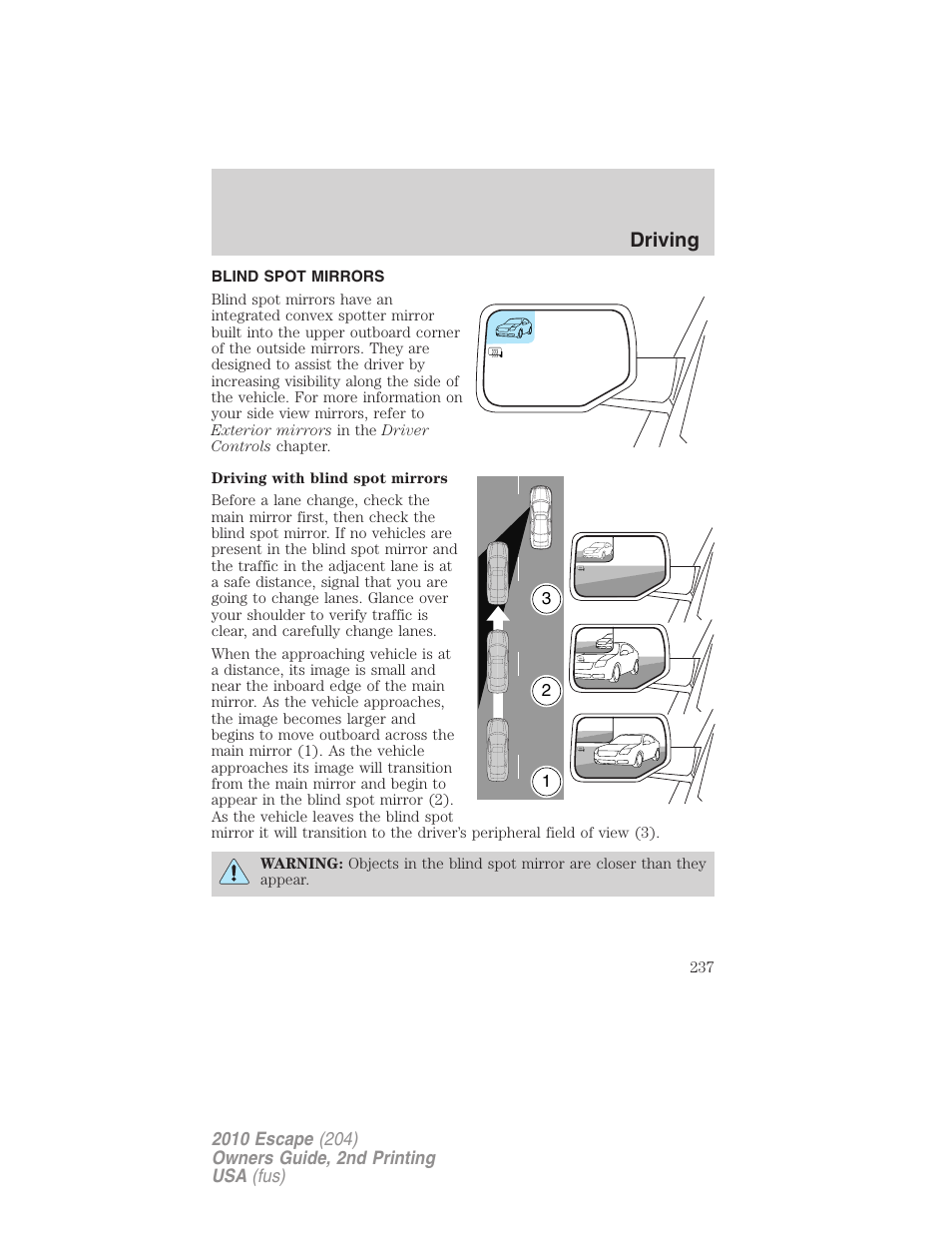 Blind spot mirrors, Driving | FORD 2010 Escape v.2 User Manual | Page 237 / 344