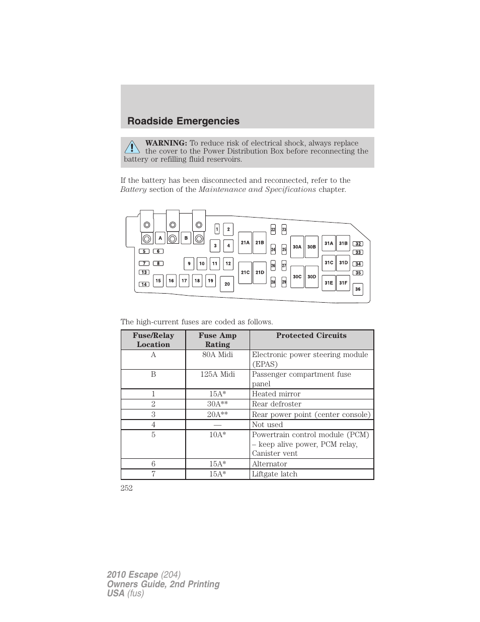 Roadside emergencies | FORD 2010 Escape v.2 User Manual | Page 252 / 344